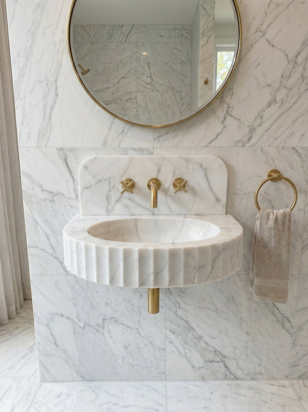 Carrara White Marble Wall-mount Bathroom Sink Fluted Front (W)16" (L)24" (H)6"