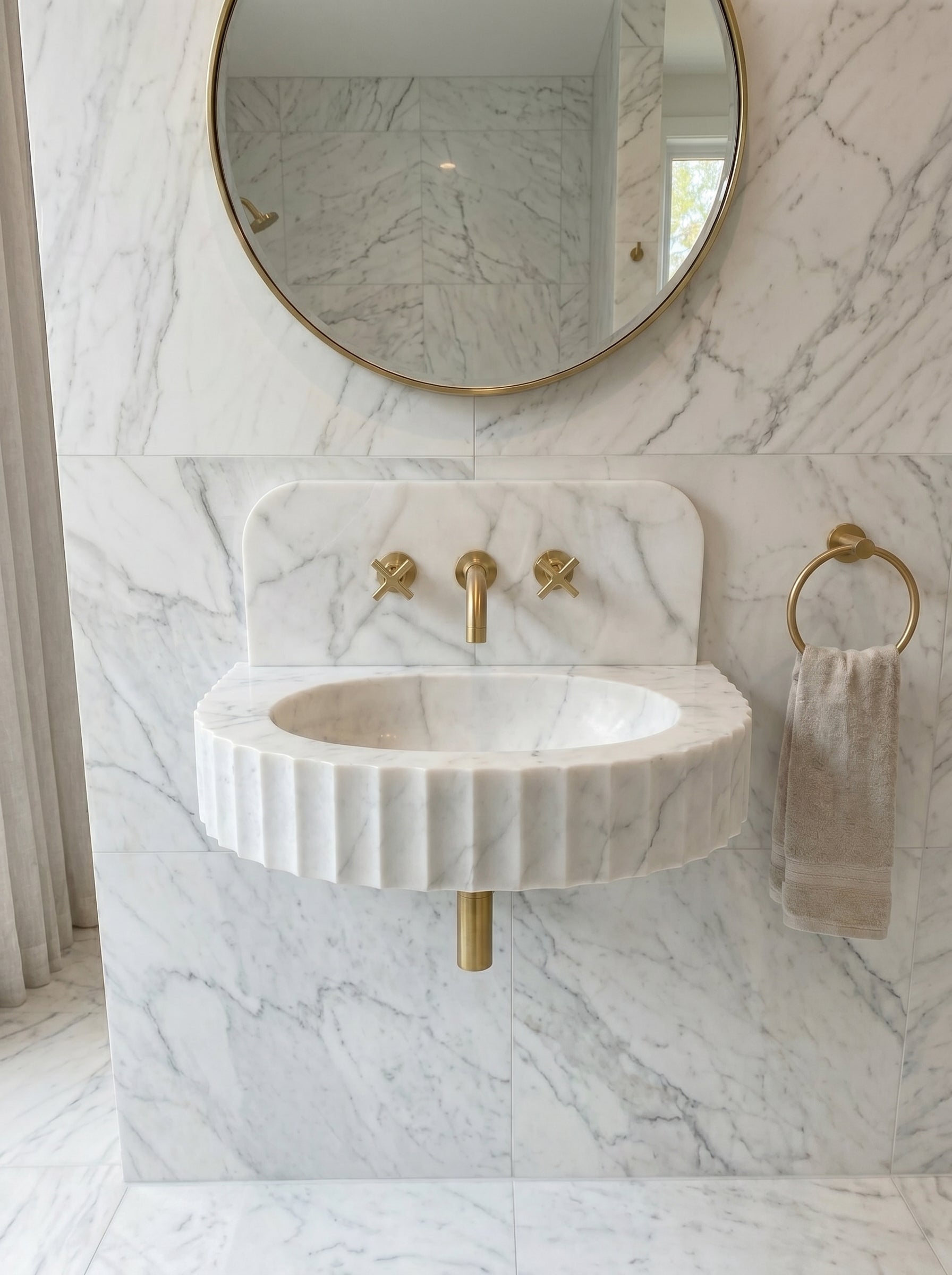 Carrara White Marble Wall-mount Bathroom Sink Fluted Front (W)16" (L)24" (H)6"