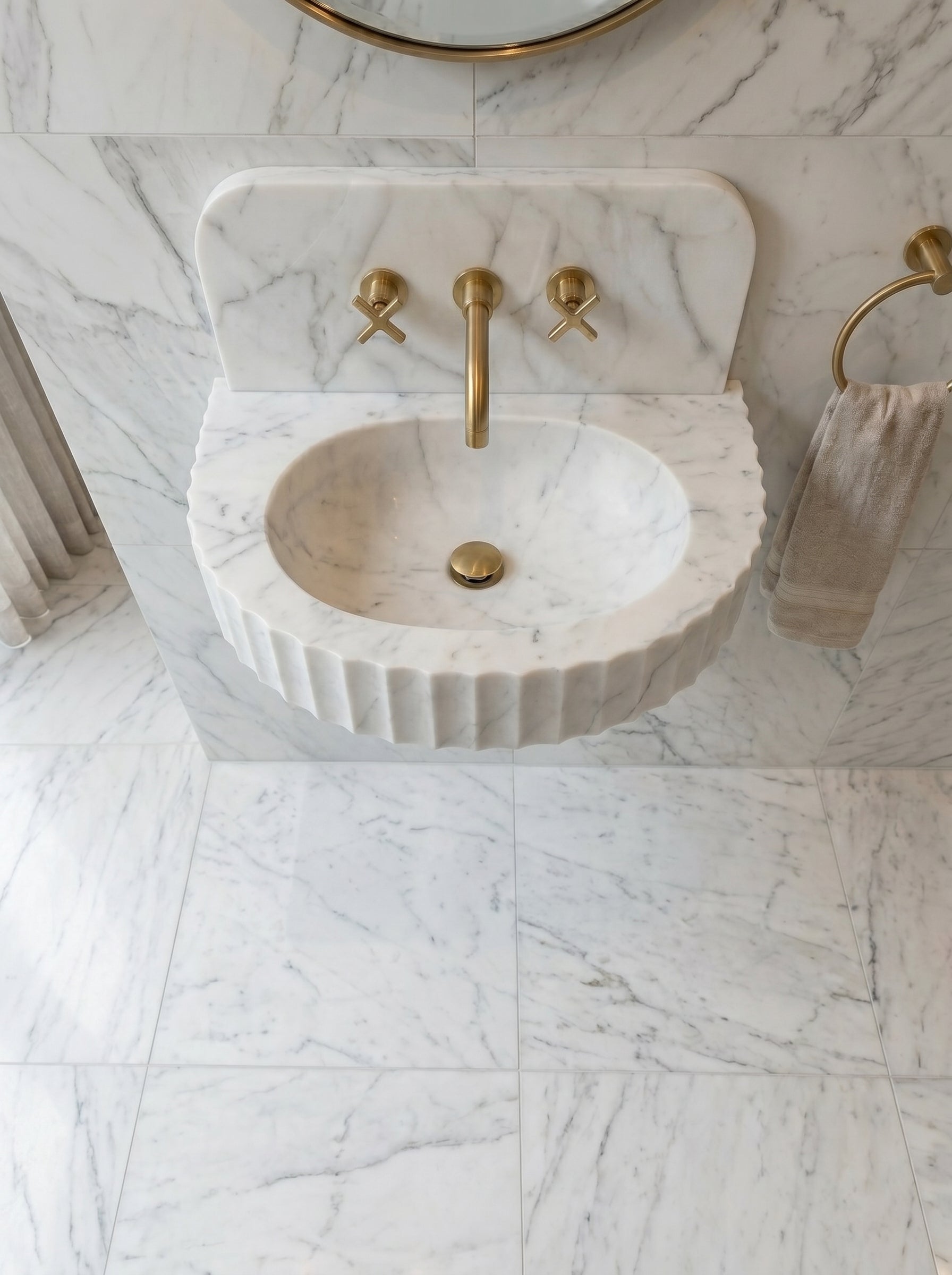 Carrara White Marble Wall-mount Bathroom Sink Fluted Front (W)16" (L)24" (H)6"
