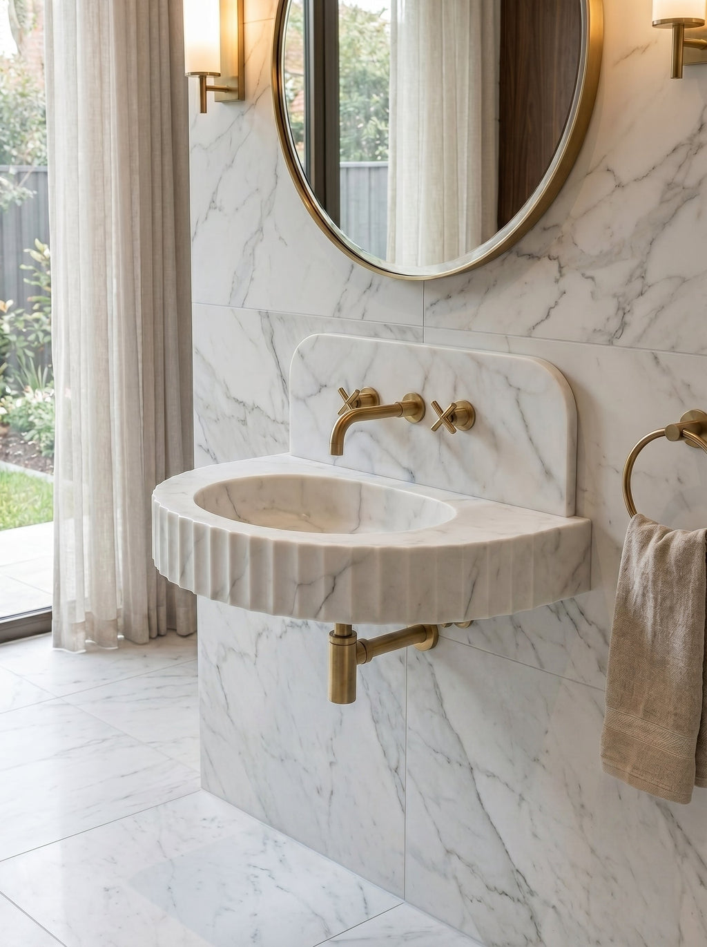 Carrara White Marble Wall-mount Bathroom Sink Fluted Front (W)16" (L)24" (H)6"