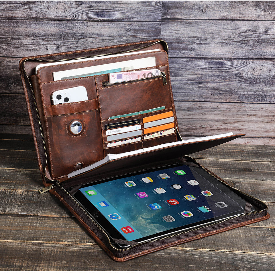 Handmade Genuine Leather Case,  AirTag Compartment, Handheld Multi-Functional iPad Cover